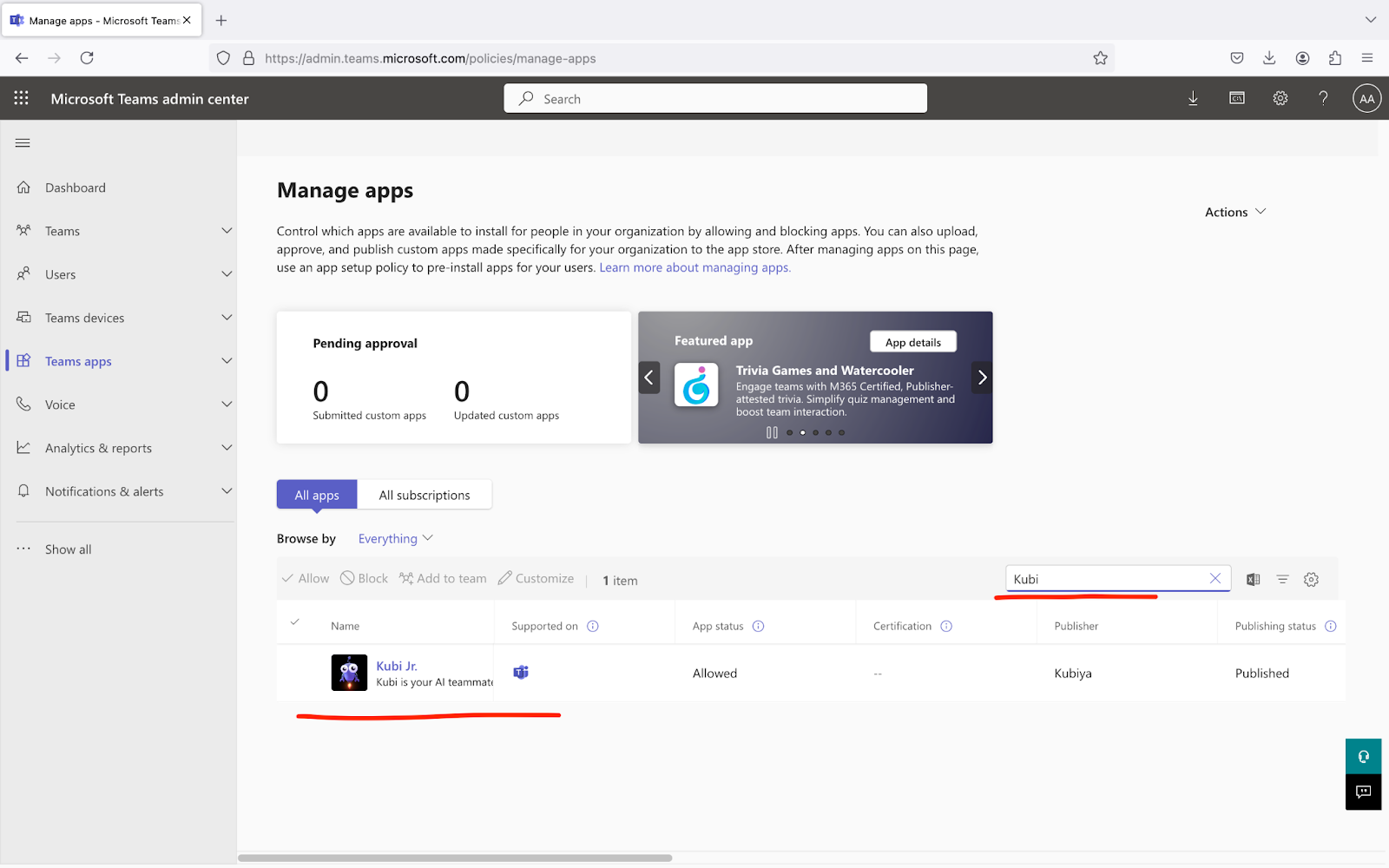App listed in Teams